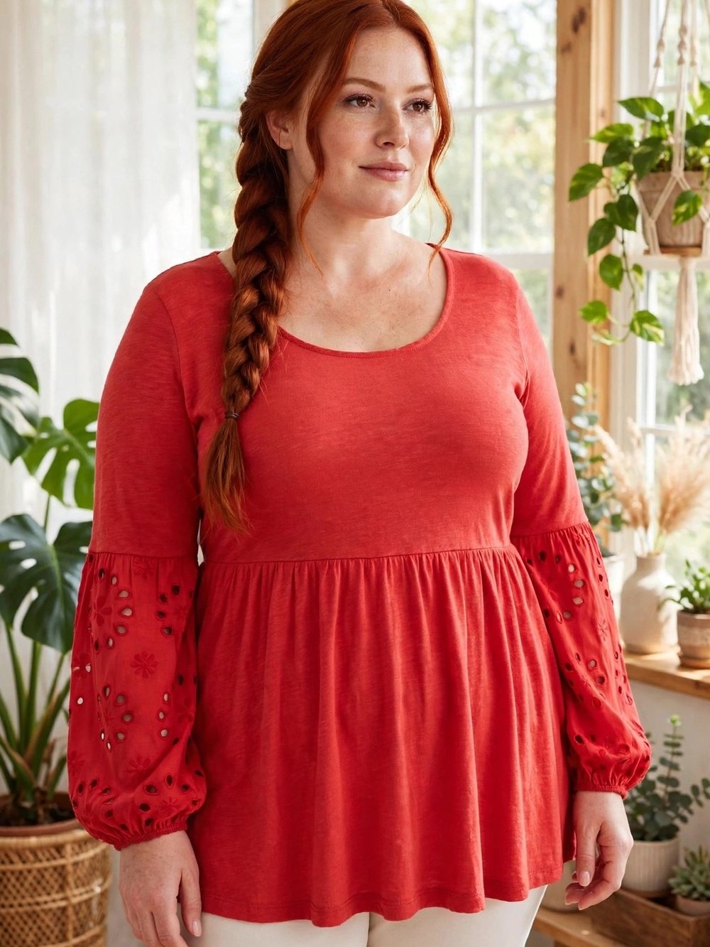 Torrid Embroidered Eyelet Sleeve Peplum Top - Red